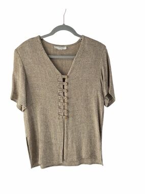 Vintage Y2K Petite Sophisticate Textured Top V-Neck Button Front Shoulder Pads